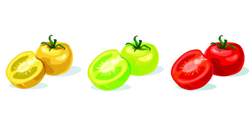 three types yellow green red tomato variety half slice of red sliced tomato vegetable food symbol isolated on white background