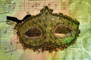 Green Sparkling Lace Opera Mask on Musical Notes Background