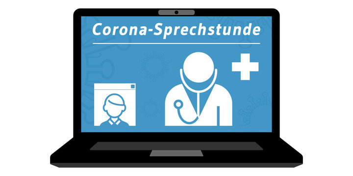 gz762 GrafikZeichnung - german: Corona Sprechstunde / Videosprechstunde - Arzt, Psychotherapeut und Patient - Pandemie mit SARS-CoV-2 - Gesundheit 4.0 - laptop - 2to1 xxl g9342