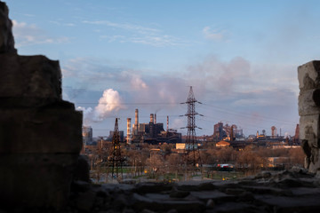 air pollution city. smoked polluted atmosphere from emissions of plants and factories