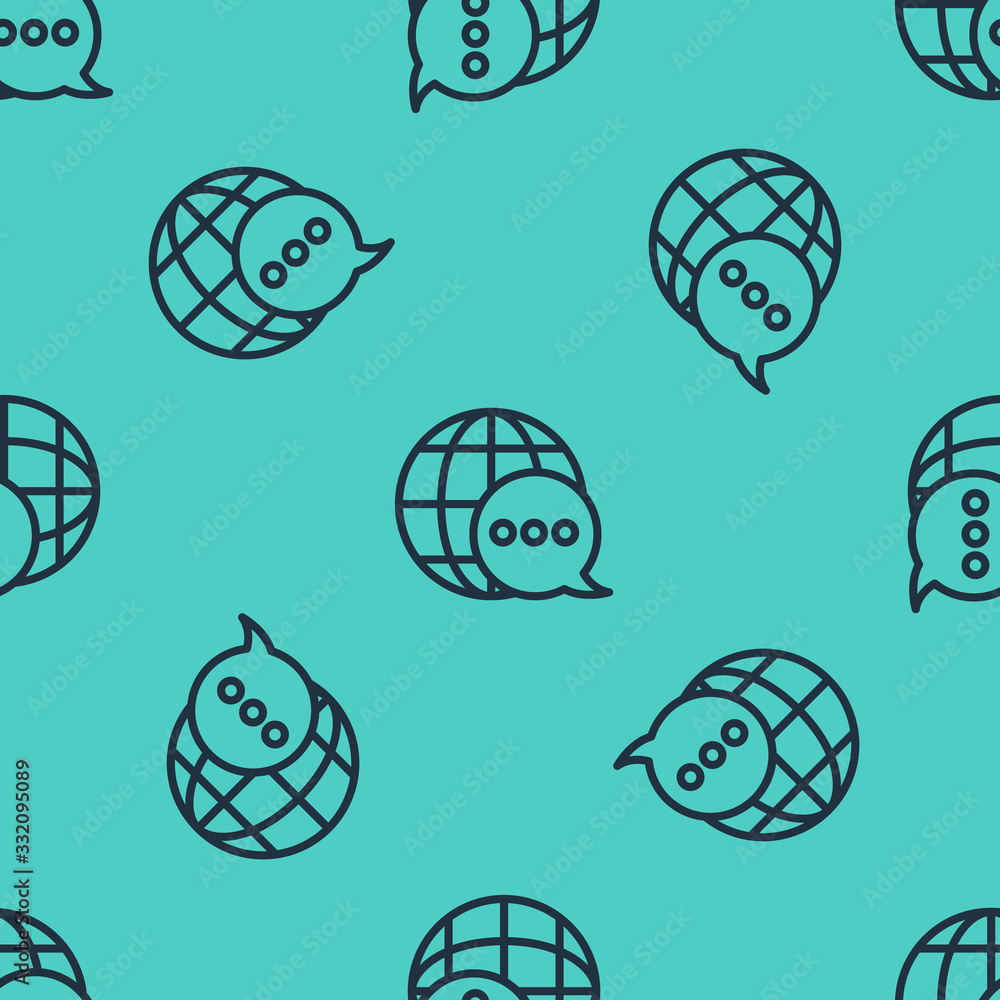 Poster black line world map made from speech bubble icon isolated seamless pattern on green background. glo