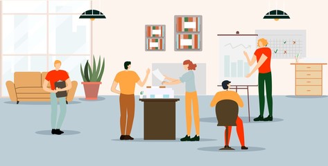 Informational Poster Office Workspace Cartoon. Employees Accumulate Project Management Experience in Company. Guy is Listening to Speaker Pointing to Schedule. Vector Illustration.