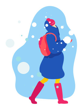 Informational Poster Walk in Snow Cartoon Flat. Girl In Warm Clothes is Walking along Snowy Street, Snow is Falling Around. Woman Carries Snowball. Relaxation and Stress Relief. Vector Illustration.