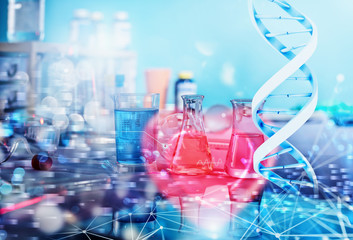 Medical science laboratory. Concept of virus and bacteria research using technology, tablet and...