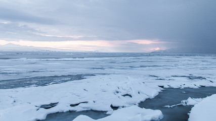 Wonderfull Background from The frozen Lake Sevan in Armenia, like a scene from film