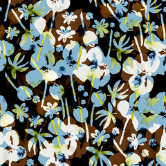Seamless pattern with hand-drawn leaves and flowers. Watercolor and digital post-processing. Plants on a black background. Design for wallpaper, textile, wrapping, backgrounds.