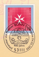 Malteser order, 900th anniversary of Orders of Knights of St. John of Jerusalem. Postmark Bonn, stamp Germany 1999