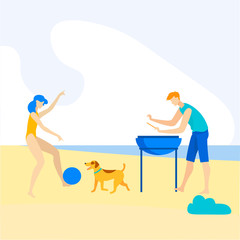 Advertising Banner Beach Barbecue Cartoon Flat. Relaxing Weekend in Summer. Vector Illustration. Couple Resting on Beach. Girl Play with Dog and Ball, Man Cooks Dinner at Barbecue.
