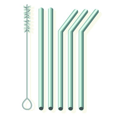 reusable eco think green metal straw two types with cleaner brush big set of many straws isolated on white background