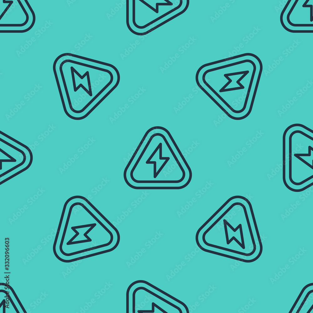 Poster black line high voltage icon isolated seamless pattern on green background. danger symbol. arrow in 