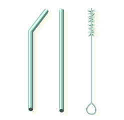 reusable eco think green metal straw two types with cleaner brush isolated on white background