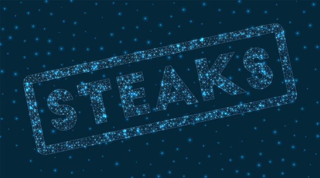 Steaks word in digital style. Glowing geometric steaks badge. Neat vector illustration.
