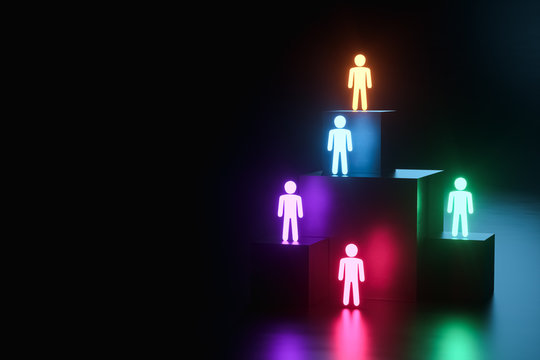 Inclusion, A Working Group Of Five Multi-colored Icons Of A Human Worker On A Dark Background. Team Building, Cultural Diversity, Staffing Decisions. 3D Rendering, 3D Illustration, Copy Space.