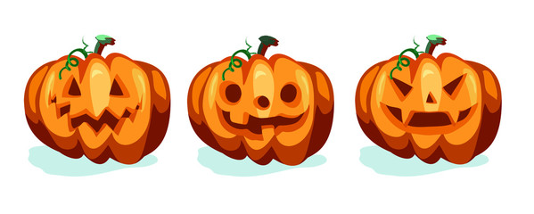 three orange carved pumpkin vegetable haloween symbol jack o lantern on white background