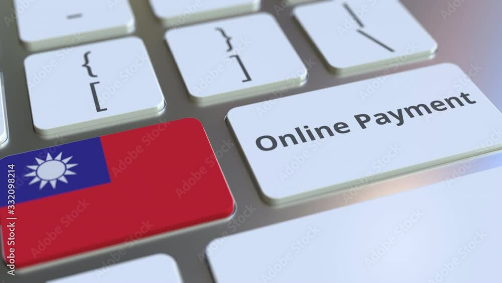 Poster online payment text and flag of taiwan on the keyboard. modern finance related conceptual 3d animati