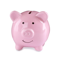 Cute pink piggy bank on white background