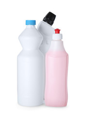 Bottles with detergent isolated on white. Cleaning supplies