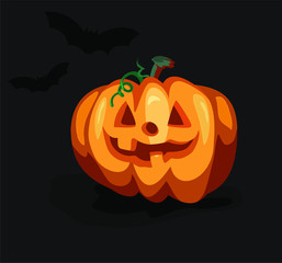 orange pumpkin vegetable haloween symbol carved jack o lantern light on black background with bats