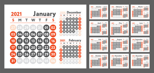 2021 calendar. New year planner design. English calender. Red color vector template. Week starts on Sunday. Business planning.