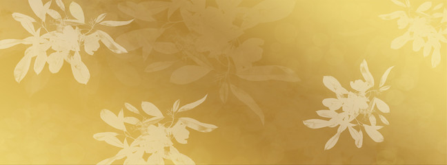 Transparent white brush painted leaves on gold background, Empty space, room for text. Minimalist style luxury invitation card template illustration