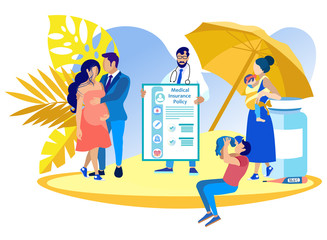 Vector Illustration Medical Insurance Obstetrics. Pediatrics Insurance Guarantee from Clinic and Insurance Company. Doctor Holds Large Document with Inscription Medical Insurance Policy.