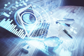 Double exposure of business theme icons and work space with computer background. Concept of success.