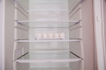 Chicken eggs standing on the empty shelf of the refrigerator in the egg tray