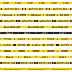 Vector set of 12 quarantine warning tapes. Illustration consists of biohazard sign, coronavirus, quarantine, danger zone, caution tapes with text. Seamless stripes isolated on white background.