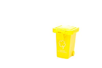 Large yellow trash can with wheel, isolated on white background