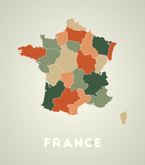 France poster in retro style. Map of the country with regions in autumn color palette. Shape of France with country name. Powerful vector illustration.