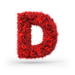 Capital letter D. Uppercase. Red fluffy and furry font. 3D