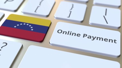 Online Payment text and flag of Venezuela on the keyboard. Modern finance related conceptual 3D animation - Powered by Adobe