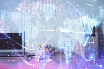 Double exposure of business theme icons and work space with computer background. Concept of success.