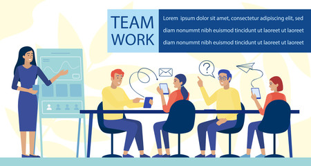 Fototapeta na wymiar Teamwork and Application Development Flat Banner. Business Meeting and Conference. Female Speaker, Team Leader Reporting Analytics Results. People Communicating via Phones. Vector Illustration