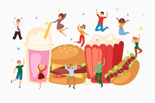 Fast food and mini jumping people interacting with junk food hamburger, french fries, soda, hot dog and donut cartoon vector illustration. Fastfood snack meal make happy in street restaurant isolated.