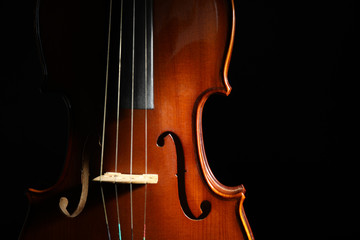 Classic violin on black background, closeup view