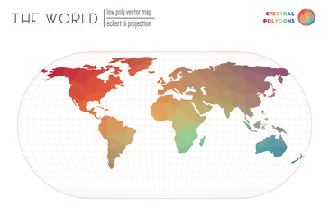Low poly world map. Eckert III projection of the world. Spectral colored polygons. Creative vector illustration.