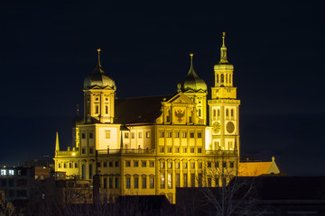 Plakat Town hall and perlach tower Augsburg at night