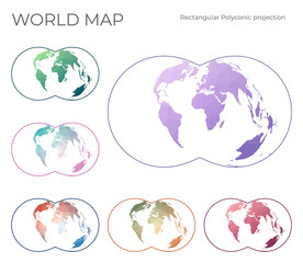 Low Poly World Map Set. Rectangular (War Office) polyconic projection. Collection of the world maps in geometric style. Vector illustration.