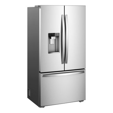 Three Door Refrigerator Isolated on White Background. Domestic Appliances. Side View of Stainless Steel French Door Refrigerator. American-Style Fridge Freezer. Electric Appliances. Kitchen Appliances