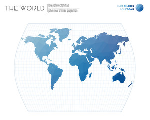 Fototapeta na wymiar Abstract world map. John Muir's Times projection of the world. Blue Shades colored polygons. Neat vector illustration.