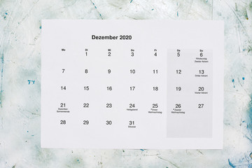 Monatskalender Dezember 2020. Translation: Monthly December 2020 calendar