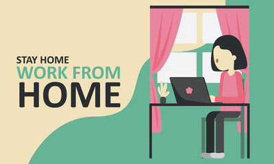 stay home and work from home. green and pink color. vector flat design.