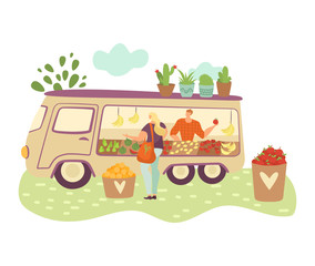 Organic food farmer truck, farmers with harvest of vegetables, fruits and woman buys isolated on white cartoon vector illustration. Delivery truck of organic healthy food market.