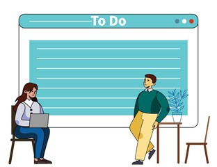 Time Management Training with Personal Mentor. Cartoon Woman Studying with Male Trainer. Digital To-Do List for Business Daily Scheduling and Effective Planning. Vector Flat Illustration
