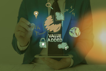 Conceptual hand writing showing Value Added. Concept meaning the extra value created over and above...
