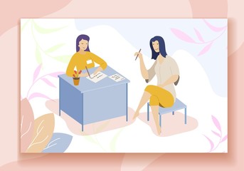 Young Women Sit at Table with Pens Cartoon. Female Worker and Visitor. Ladies Discussing Exchange Materials, Working Moments, Signing Agreement after Interview. Vector Flat Illustration