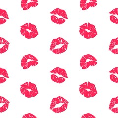 Lipstick kiss pattern. Woman lips with grunge texture, red female mouth seamless texture. Vector romantic matt textures print nice designs template on white background