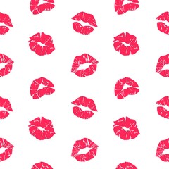 Lipstick kiss pattern. Woman lips with grunge texture, red female mouth seamless texture. Vector romantic matt textures print nice designs template on white background