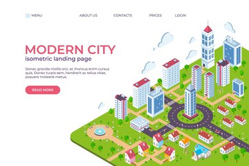 Isometric city landing page. 3D smart city concept with skyscrapers, business centers, streets and cars. Vector illustration web page template, modern smart future town with skyscrapers other building